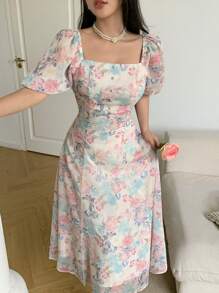 Feyla Damen Sommerkleid mit Blume Muster, quadratischem Ausschnitt, Puffärmeln und geraffter Taille, knielang