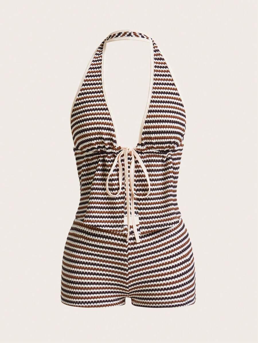 Amplova 深V领挂脖系带超低腰条纹迷你短裤两件套 - 卡其色 - 查看 1