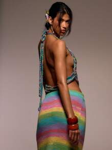 MUSERA 编织绳针织露背系带上衣，适合春季、夏季、伊比沙岛、假日、可爱、节日、度假、海滩装、海滩、波西米亚风假日节日锐舞夏季牛仔女郎夜间派对时尚 - 彩色 - 查看 4