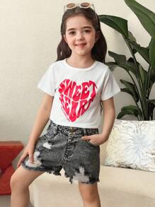 SHEIN 2件套年轻女孩休闲简约舒适圆领短袖T恤和牛仔短裤 - 白色 - 查看 3