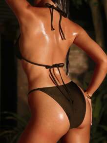 Glamine Ladies' Summer Beach Music Festival Dark Brown Solid Color Metallic Detail Elegant Bikini Set - Brown - View 2