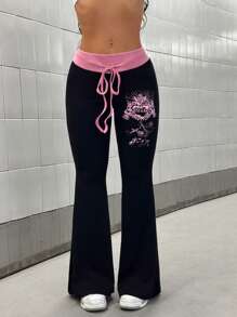 StreetHx Women's Color Block & Graphic Print Flare Leg Punk Style Pants