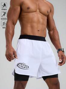 Manfinity Sport Polished Herren Buchstaben Muster elastische Taille Doppelschicht Sport Shorts Radlerhose Laufshorts