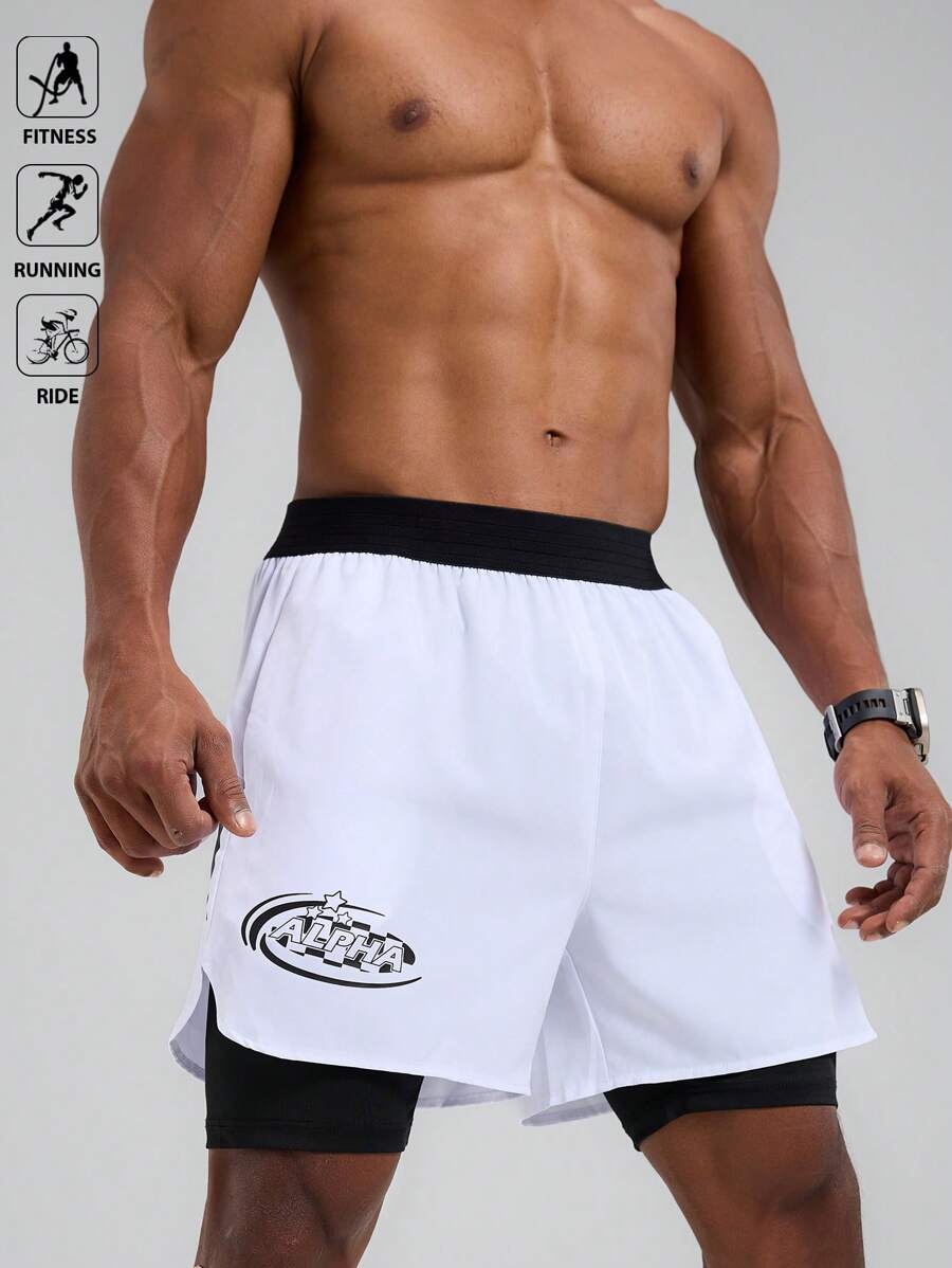 Manfinity Sport Polished Herren Buchstaben Muster elastische Taille Doppelschicht Sport Shorts Radlerhose Laufshorts