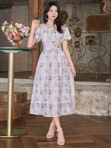 DAZY 1 件女士花卉印花褶皱泡泡袖中长连衣裙 - 粉色 - 查看 6