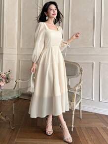 DAZY Abito da donna a maniche a palloncino con scollo quadrato, monocolore