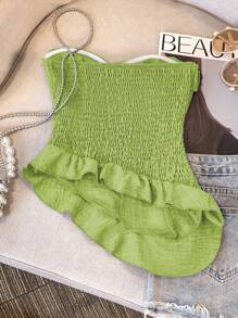 Celisse 1pc Women Elegant Asymmetric Bandeau Top With Ruffle Trim - Green - View 2