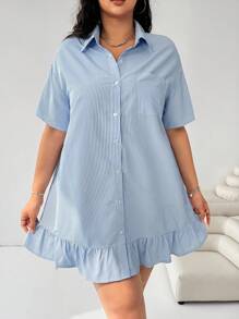 Solflare Navy Blue & White Striped Short Sleeve Ruffle Hem Splice Loose Plus Size Casual Dress, Suitable For Commuting, Back To School, Daily Casual, Dating, Outing Valentine's Day Outfit - Blue and White - View 4