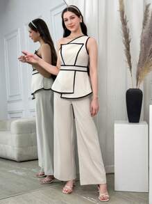 2pcs/Set Teen Girls Asymmetric Shoulder Top And Pants Set - Apricot - View 4