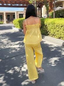 Nova Glow Tween Girl 2pcs Solid Color Ruffle Hem Crop Top And Pants Set - Yellow - View 2