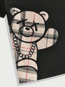 AXEPEAK Conjunto de camiseta de manga corta con estampado de oso a cuadros y shorts con cordón en la cintura para hombre, atuendo casual de streetwear de verano