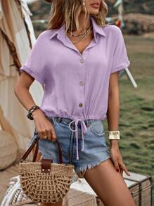 EMERY ROSE Camisa de mujer con cuello, abotonadura sencilla, cintura con lazo y mangas tipo murciélago para primavera y verano, ideal para ropa de Año Nuevo