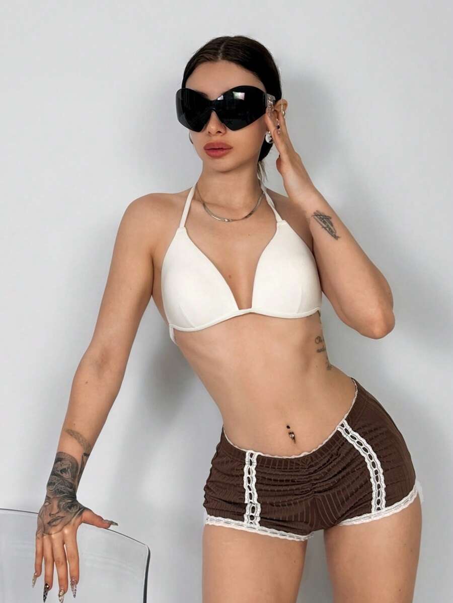 EgrlEra Pantalones cortos casuales de verano con parches de encaje y recogidos para mujer - Café integral - Ver 1