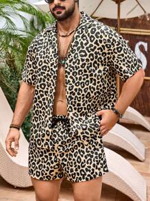 Manfinity VDAYZ 男士豹纹短袖单排扣衬衫和短裤沙滩两件套，夏威夷男士两件套短裤套装男士两件套短裤套装 - 卡其色 - 查看 3