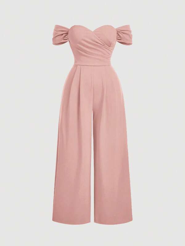 SHEIN MOD Combinaison moulante simple et décontractée en velours à l'épaule dénudée et drapée, grande taille, disponible pour femmes. Combinaison pour femmes, costume de princesse, nouvel an, saint valentin.