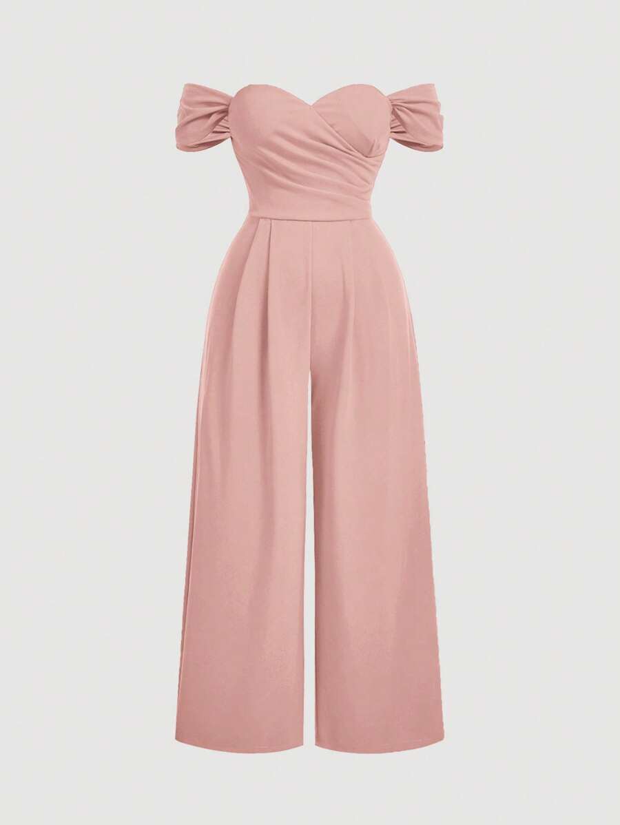 SHEIN MOD 大码女式纯色露肩褶饰简约休闲天鹅绒紧身连体裤，女式连体裤，公主女装，新年，情人节 - 粉色 - 查看 1