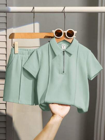 2pcs/Set Young Boys Casual Loose Knit Solid Color Polo Shirt And Shorts Set, Suitable For Kids Outfits, Back To School, Birthday Parties, Events, Performances, Weddings, Baptisms, School Commencements. Suitable For Daily Wear, School, Travel, Sports, Middle Eastern Styles, Spring/Summer