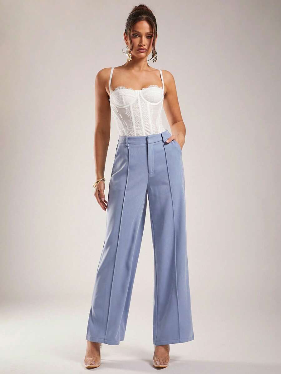 Silquee Pantalones de traje para mujer, pantalones azul plácido, ropa de oficina, casual de negocios, pantalones de traje azul, verano para mujer, prendas inferiores para mujer, ropa de trabajo, ropa de oficina, pantalones de oficina - Azul - Ver 1