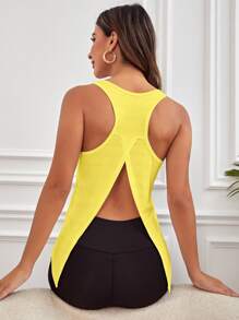 Activina Kaos Olahraga Tanpa Lengan Kerah Bulat Berlubang Warna Polos dengan Detail Lipatan di Bagian Depan, Musim Panas - Kuning - View 7