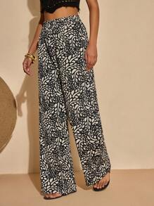 Loose High Waist Full Print Straight Leg Pants, Vacation Casual - Navy Blue - View 3
