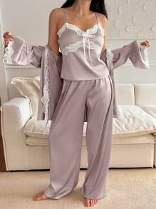 DAZY 3件套缎面蕾丝拼接睡袍、吊带背心和休闲裤女士睡衣套装，秋冬服装 - 淺粉色 - 查看 5