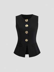 SHEIN CURVE+ Plus Size Sleeveless Blazer With Large Buttons, Solid Color Fashion Suitable For Summer - Black - View 3