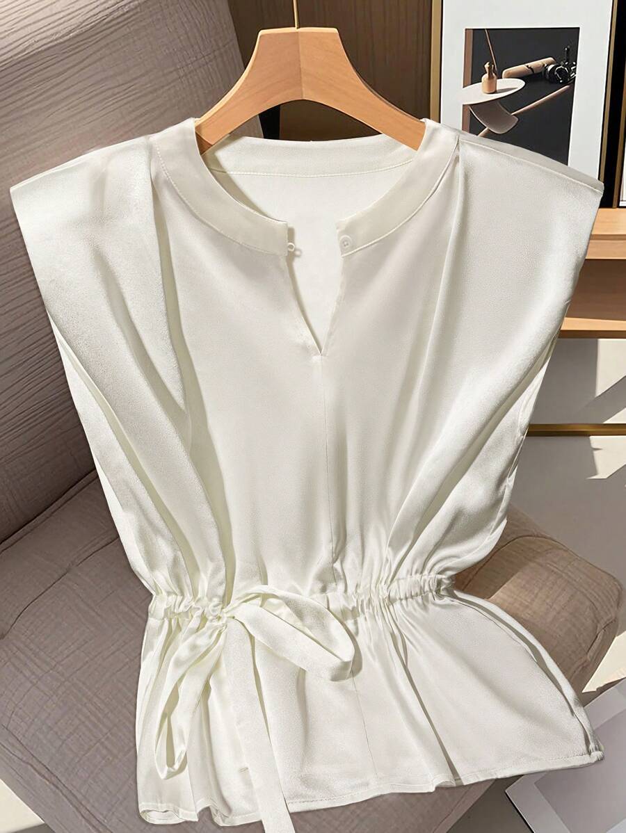 Modelyn Women's Solid Color Round Neck Cap Sleeve Tie Waist Fashionable Shirt, Summer - White - View 1