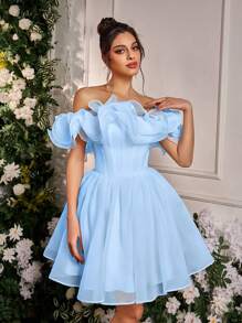 Glamrae 优雅浪漫超大号 3D 花朵露肩褶皱蓬松连衣裙，适合约会、婚礼、新娘、送礼、正式场合