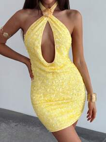 Aloruh Young Lady's Sexy Deep V-Neck Backless Mini Dress, Yellow Sequin Shell Design, Bodycon, Vacation & Dating, Spring/Summer - Yellow - View 1