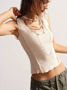 Bohemela Áo ba lỗ nữ dệt kim ren màu trơn bó sát - Màu be - Xem 1