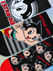 Astro Boy X SHEIN 3 双柔软透气吸湿排汗男士短袜，加固脚趾和脚跟，适合所有季节，黑灰条纹