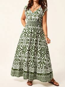 SHEIN LUNE 大码女式几何印花褶皱盖袖系腰连衣裙，夏季，褶皱荷叶边饰袖系腰分层喇叭下摆休闲度假连衣裙，带定位印花，骄傲月服装，佩利斯印花，毕业礼服，夏季服装，度假服装，长裙，收腰长裙，女士夏季服装，优雅连衣裙，女士波西米亚风/波西米亚风连衣裙，度假服装，度假优雅服装，度假礼服，度假优雅服装，浪漫优雅，老钱，通勤，优雅的日常派对活动，太阳裙 - 綠色 - 查看 5