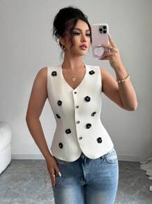 Gloray Elegant Sleeveless V-Neck Single-Breasted Floral Embellished Vest, Suitable For Spring And Summer