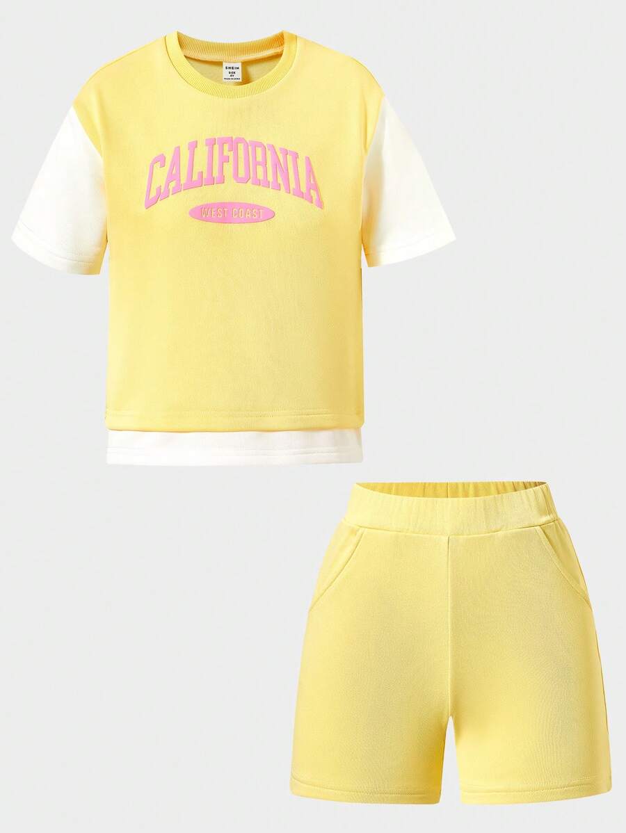 SHEIN Set de 2 piezas Top de punto con estampado gráfico de letras y pantalones cortos, conjunto informal y cómodo, adecuado para jugar al aire libre, verano - Multicolor - Ver 1