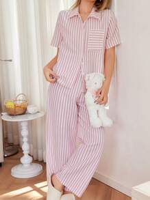 Dream Adore 女士休闲条纹领短袖睡衣套装 - 淺粉色 - 查看 3