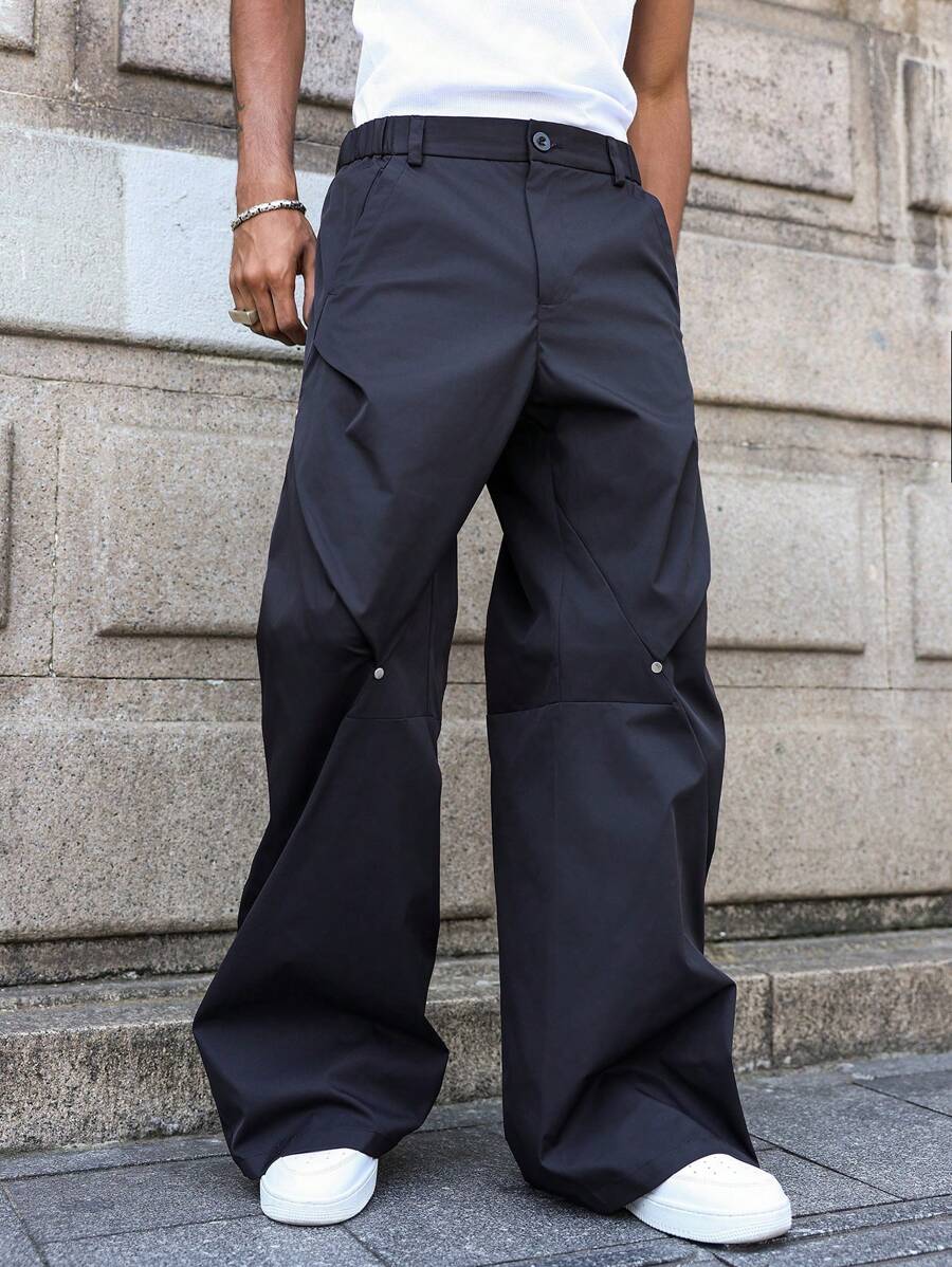 PAVTROS Manfinity Streetrush Men's Casual Mixed Rivet Wide Leg Pants, Streetwear Work Pants, Fall