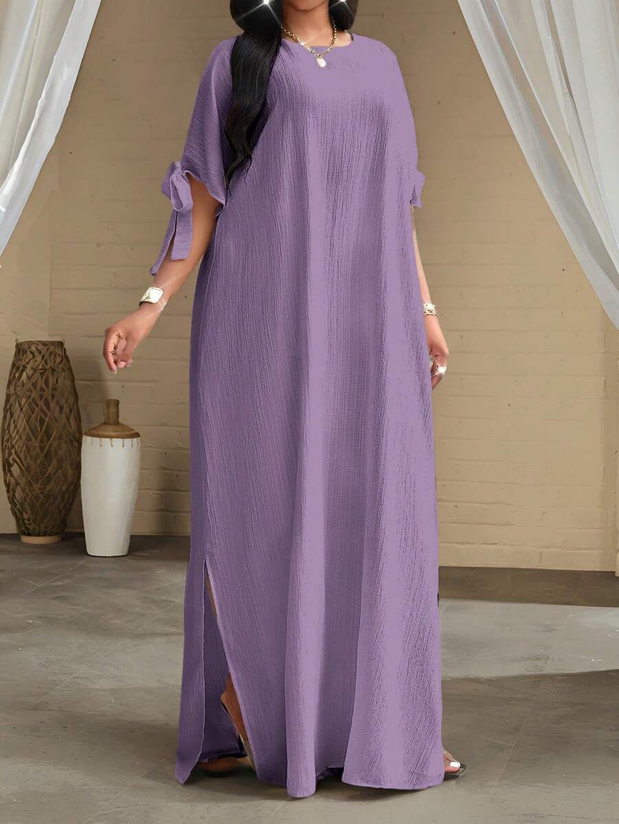 SHEIN Lady Váy ngày lễ cỡ lớn màu trắng tay ngắn cho nữ, váy dài rộng rãi cho ngày lễ, váy tắm cô dâu, váy dài cao, dáng ôm cho nữ - Màu tím - Xem 1