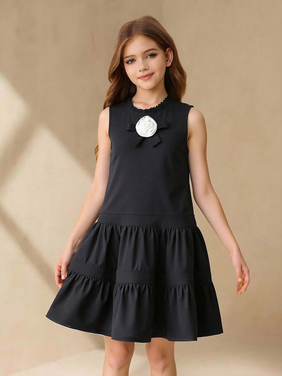 Girls' Casual Solid Color Sleeveless Round Neck Loose Mid-Length Bowknot Decor Summer Dress - Black - View 1