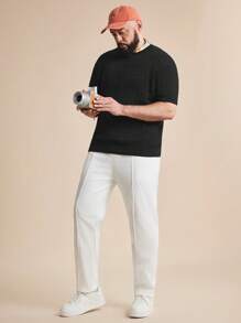 EASEVO Plus Size Men's Slim Fit Cable Knit Black Crew Neck Short Sleeve Sweater, School, For Fall Winter