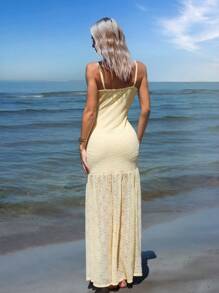 SHEIN ICON Summer Beach Hawaiian Sexy Going Out Yellow Elegant Lace Dress With Spaghetti Straps, Summer - Yellow - View 2