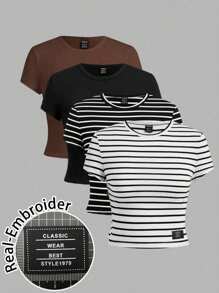 SHEIN EZwear 4pcs/Set Casual Minimalist Solid Color Versatile Round Neck Short Sleeve Fitted Cropped Women T-Shirts, Striped Fabric, Suitable For Daily Wear