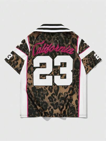 Street Life Men's Street Leopard American City Name Logo Print Rhinestone Decor Polo Shirt