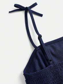 SHEIN Girlism 少女梭织素色荷叶边多层泡泡褶皱下摆休闲无袖连衣裙 - 藏蓝色 - 查看 3