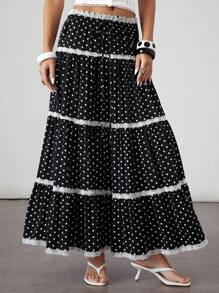 ROMWE Avant Millennium Y2K Retro Polka Dot Contrast Lace Drawstring Waist Skirt For Women - Black and White - View 1