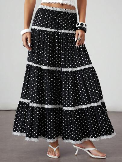 ROMWE Avant Gonna con vita in vita regolabile, a pois e con contrasti di pizzo, in stile retrò Y2K e Millennium per donne