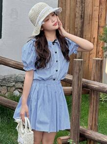 DAZY Ropa de otoño para niños: Conjunto de 2 piezas de blusa de manga corta con cuello con volantes y moño + falda plisada para niñas, conjunto elegante y casual para el regreso a la escuela