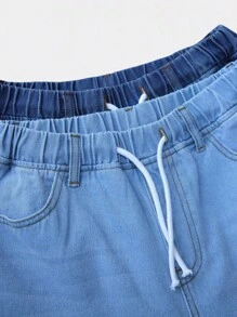 SHEIN 两件套青少年男童时尚休闲Y2K复古风两件套，深蓝色和浅蓝色弹力腰带抽绳设计，舒适宽松牛仔短裤，适合儿童日常穿着，也适合春夏参加锐舞节、海滩、学校、校园、大学等场合。 - 藍色 - 查看 2