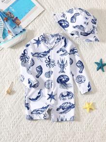 SHEIN 2pcs/Set Baby Swimwear & Sun Hat, Cute Vacation Ocean Shell Print Long Sleeve One-Piece Swimsuit, Casual Outfit For Baby Boy/Girl, Suitable For Spring/Summer Trips, Beach, Pool Party