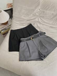 Pantalones cortos sólidos de mujer con bolsillos plisados, sueltos y versátiles - Gris - Ver 7