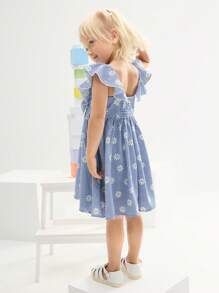 SHEIN 年轻女孩休闲可爱甜美方领荷叶边下摆中长连衣裙